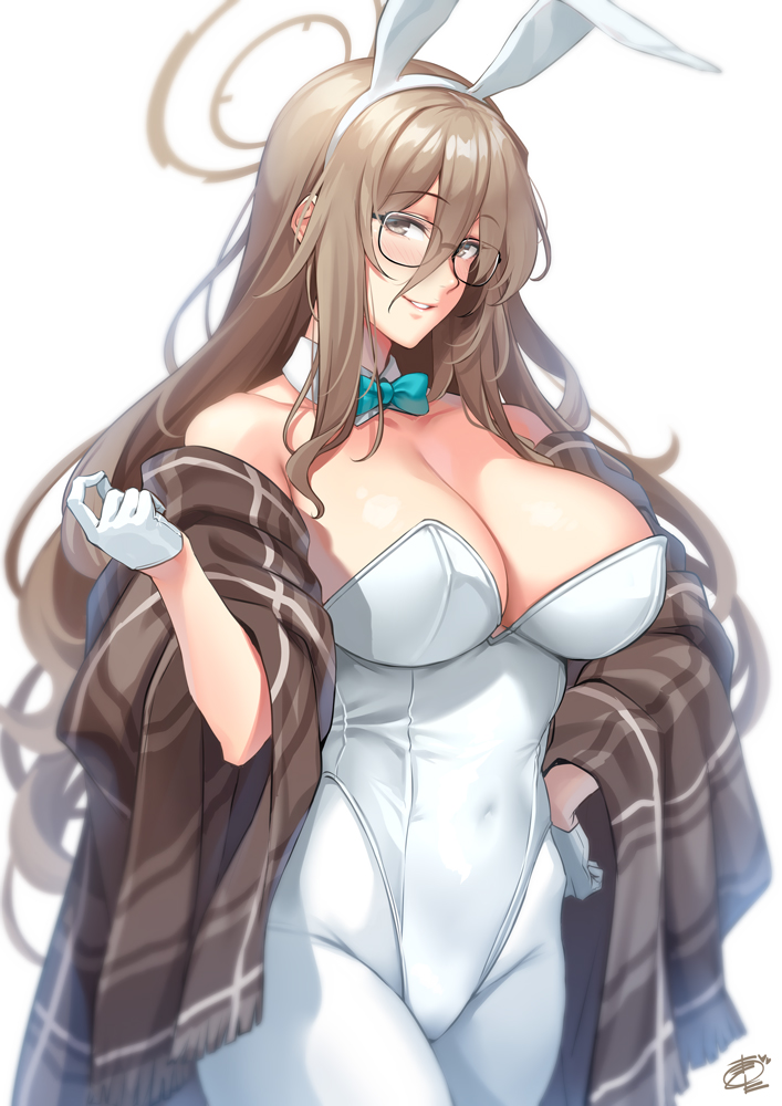1girl akane_(blue_archive) animal_ears bangs bare_shoulders blue_archive blush bow bowtie breasts brown_eyes cleavage detached_collar fake_animal_ears glasses gloves grin hair_between_eyes halo hand_up large_breasts leotard light_brown_hair long_hair looking_at_viewer okitakung pantyhose plaid plaid_scarf playboy_bunny rabbit_ears scarf sidelocks sleeveless smile solo standing strapless strapless_leotard white_gloves white_legwear white_leotard
