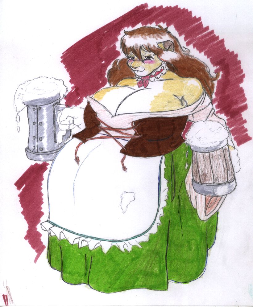 2007 alcohol anthro barmaid beer beer_mug belly beverage big_belly big_breasts blush breasts brown_hair clothed clothing container corset cup danellz felid female hair holding_mug huge_breasts kathy_(danellz) lingerie lion mammal pantherine pregnant solo stein topwear traditional_media_(artwork)