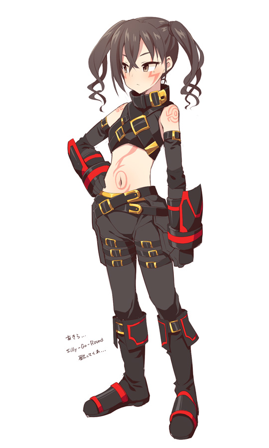 .hack// 1girl bangs bare_shoulders black_footwear black_gloves black_hair black_pants black_shirt blush boots breasts brown_eyes closed_mouth cosplay cosplay_request crop_top elbow_gloves eyebrows_behind_hair full_body gloves hair_between_eyes hand_on_hip haseo_(.hack//) idolmaster idolmaster_cinderella_girls looking_away mole mole_under_eye navel pants shirt simple_background sleeveless sleeveless_shirt small_breasts solo standing sunazuka_akira translation_request twintails uccow v-shaped_eyebrows white_background