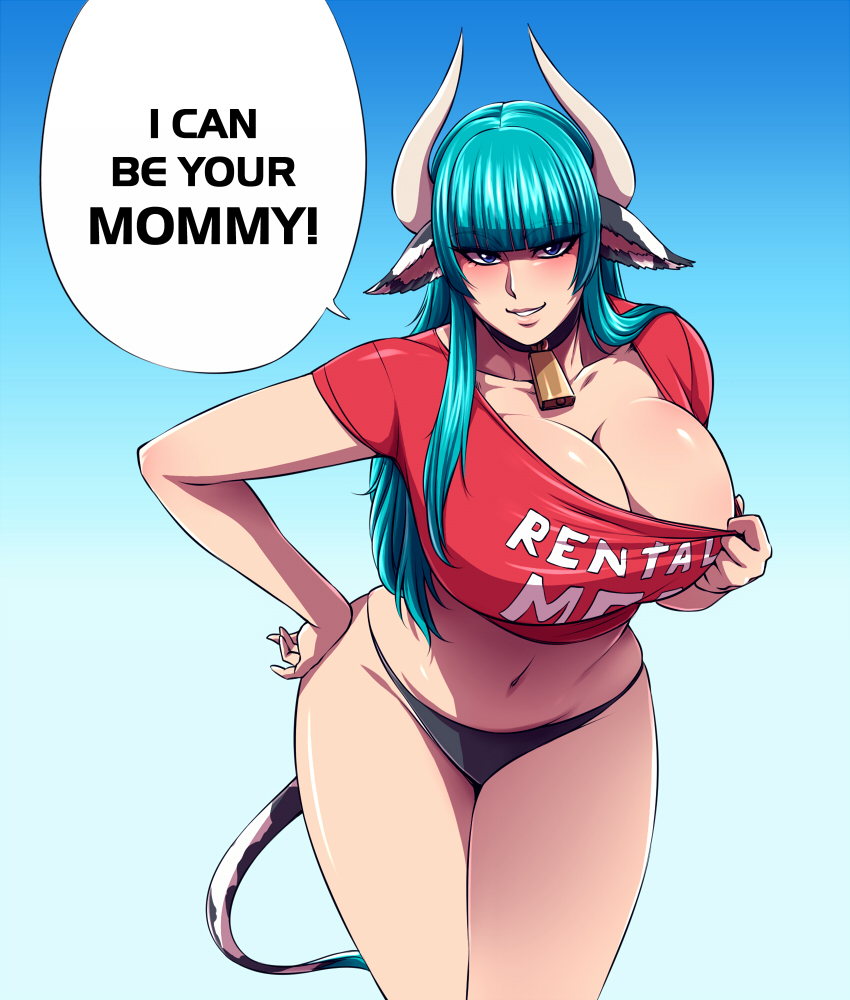 ! 1girl animal_ears bangs bell blue_eyes blue_hair blunt_bangs breasts choker cleavage collarbone commentary cow_ears cow_girl cow_horns cow_tail cowbell cowboy_shot doctor_zexxck english_commentary english_text eyebrows_visible_through_hair holiday horns huge_breasts long_hair looking_at_viewer mother's_day navel neck_bell original panties parted_lips short_sleeves solo speech_bubble tail teeth underwear