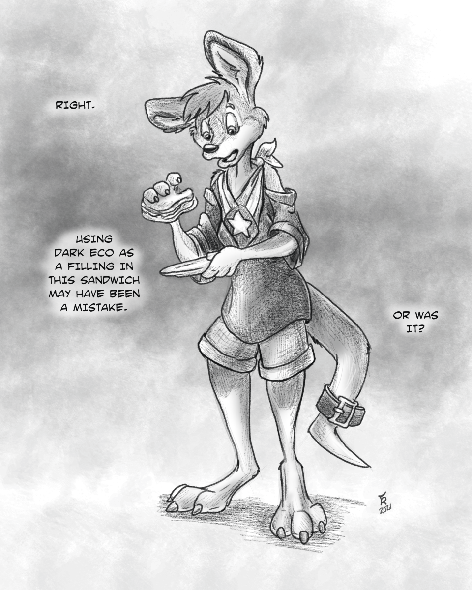 2021 alternate_species anthro azariah bottomwear claws clothed clothing dialogue english_text flinters food fur greyscale hair hi_res jak_and_daxter male mammal monochrome mustelid naughty_dog open_mouth ottsel sandwich_(food) shorts solo sony_corporation sony_interactive_entertainment text video_games
