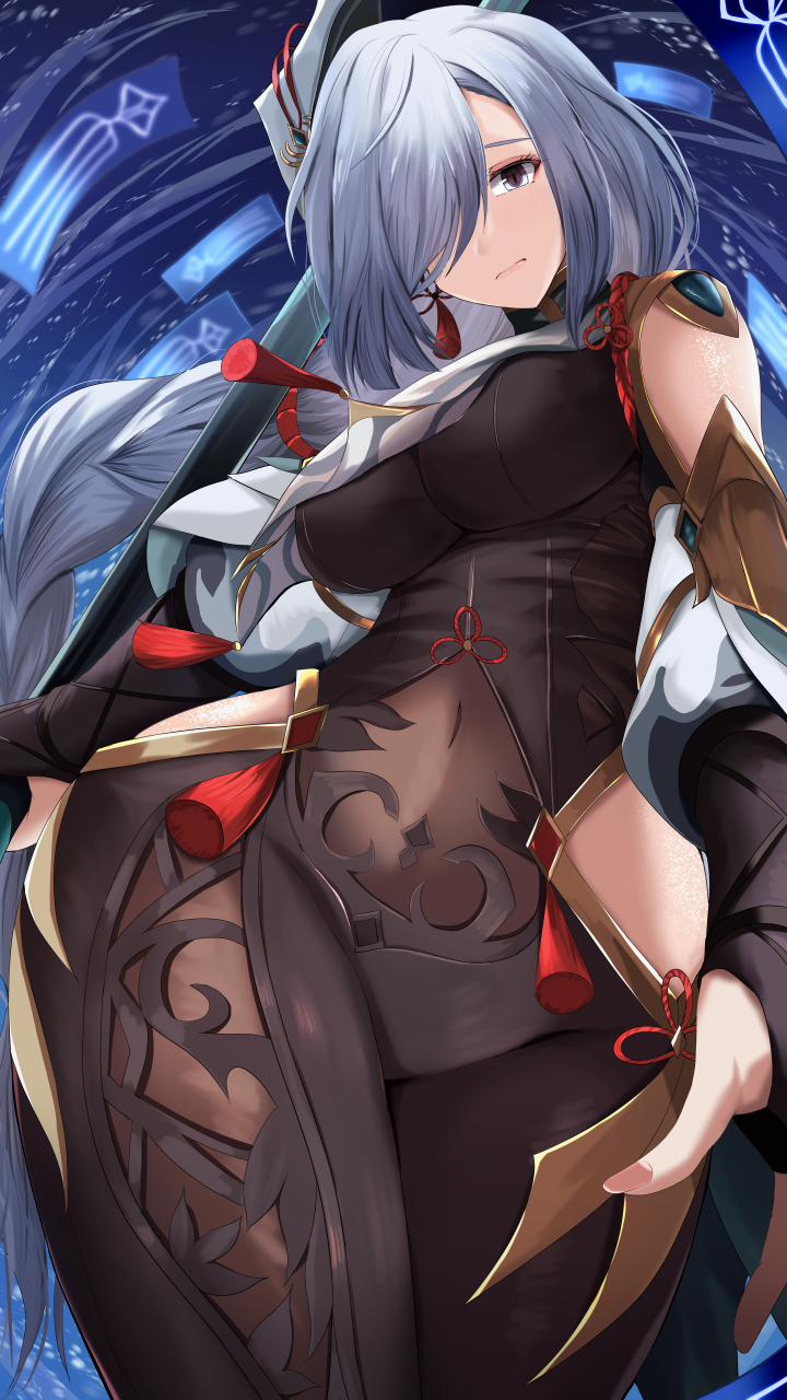 1girl bangs black_gloves blue_eyes blush bodysuit braid braided_ponytail breasts clothing_cutout covered_navel elbow_gloves genshin_impact gloves hair_ornament hair_over_one_eye highres hip_vent kanzaki_kureha large_breasts long_hair long_sleeves looking_at_viewer partially_fingerless_gloves puffy_long_sleeves puffy_sleeves shenhe_(genshin_impact) shoulder_cutout silver_hair solo tabard tassel thighs very_long_hair