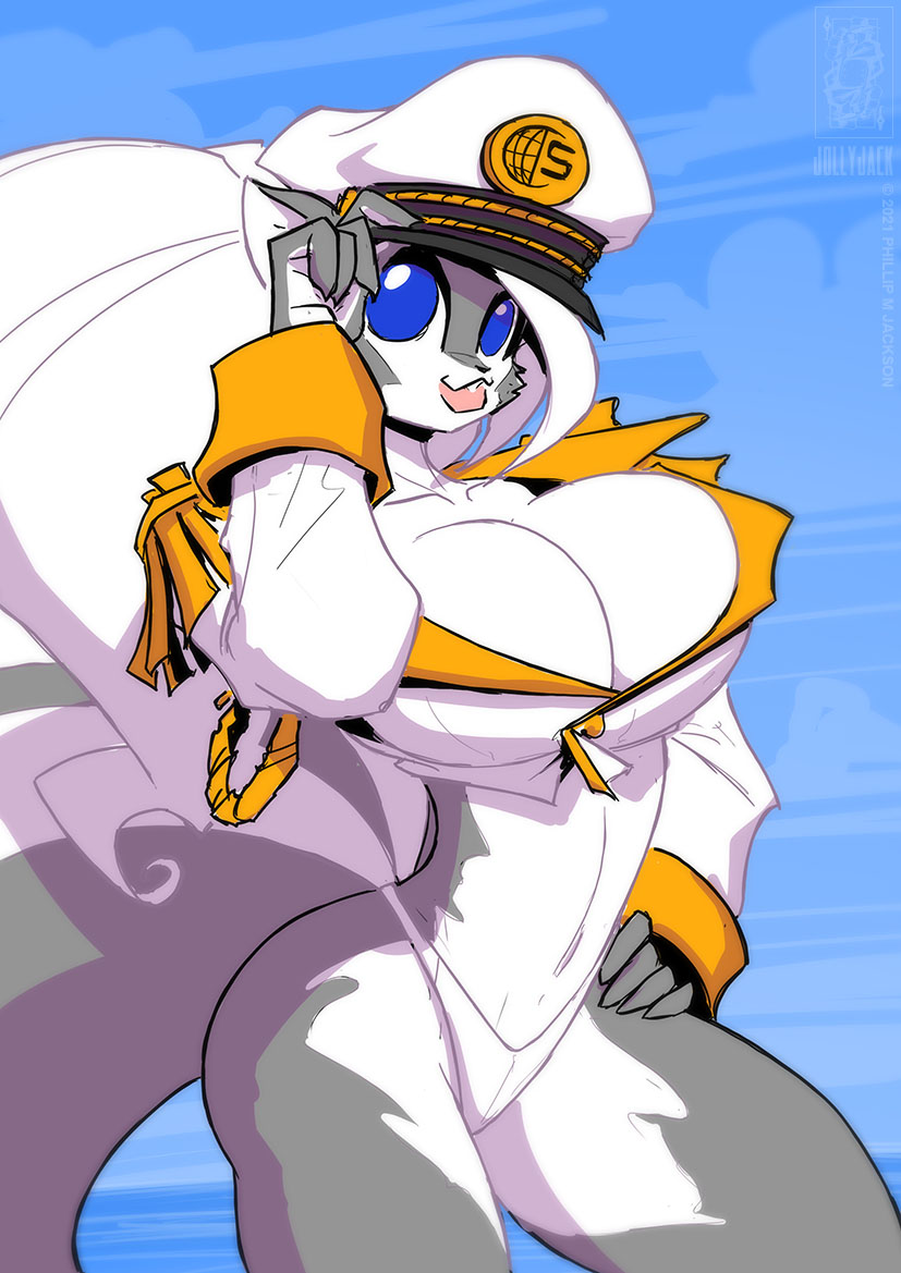 2021 anthro big_breasts black_body black_fur blue_eyes breasts captain's_hat chloe_sinclaire cleavage clothed clothing cloud conditional_dnp female fur hair jollyjack lips mammal mephitid outside sea skimpy skunk sky solo swimwear thick_lips water white_body white_fur white_hair