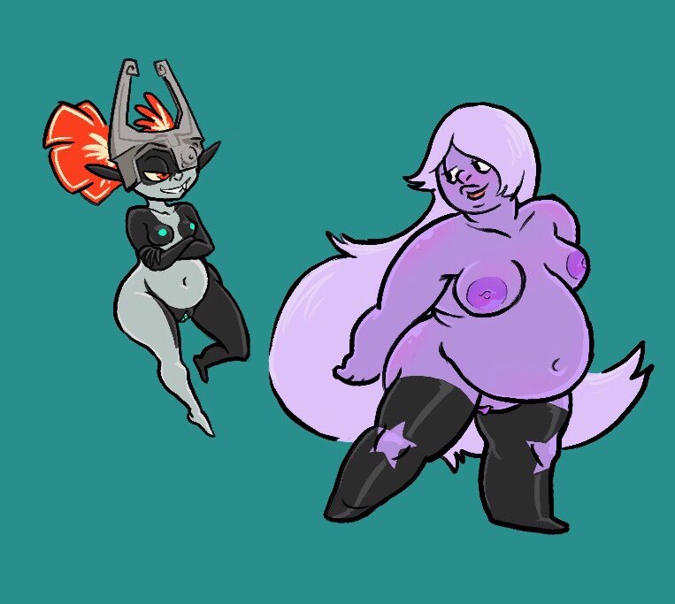 amethyst_(steven_universe) anthro bedroom_eyes black_and_white_body breasts cartoon_network chubby_female clothing duo female female/female gem_(species) genitals hair hornedgiant humanoid imp legwear long_hair midna narrowed_eyes nintendo nude overweight overweight_female purple_body purple_skin pussy seductive short_stack size_difference sizing_up slightly_chubby steven_universe stockings the_legend_of_zelda thigh_highs twilight_princess video_games