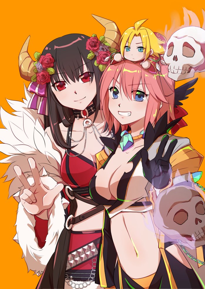 2girls ahat_(ragnarok_online) bangs black_gloves black_hair black_pants blue_eyes blue_flower breasts chain character_doll cleavage closed_mouth coat commentary_request cowboy_shot detached_sleeves doll_on_head eyebrows_visible_through_hair floating_skull flower fur-trimmed_skirt fur-trimmed_sleeves fur_trim gem gloves grey_coat grin hair_flower hair_ornament halter_top halterneck horns jewelry large_breasts long_hair long_sleeves looking_at_viewer manoji medium_breasts multiple_girls necklace official_alternate_costume orange_background pants pink_hair ragnarok_online red_eyes red_flower red_skirt red_sleeves red_sports_bra rose shadow_chaser_(ragnarok_online) short_hair simple_background skirt smile sports_bra suspenders w warlock_(ragnarok_online)