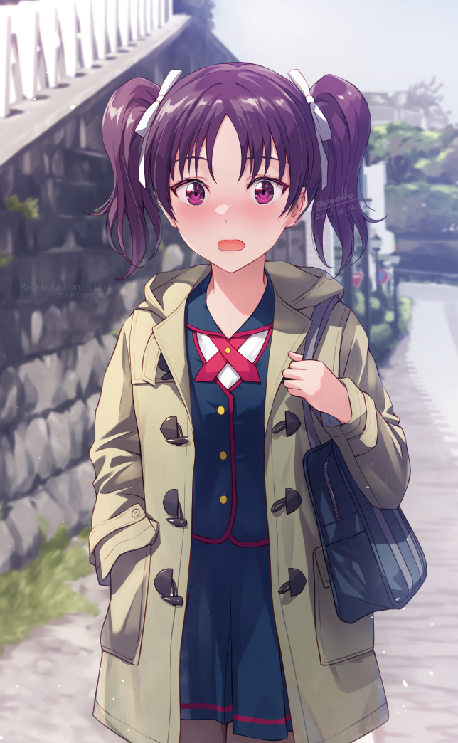 1girl bag blush coat commentary cowboy_shot dated hair_ribbon hand_in_pocket kazuno_leah love_live! love_live!_sunshine!! open_mouth outdoors pantyhose purple_eyes purple_hair ribbon road school_bag school_uniform seisen_school_uniform shamakho signature solo twintails two_side_up white_ribbon winter_clothes winter_coat winter_uniform