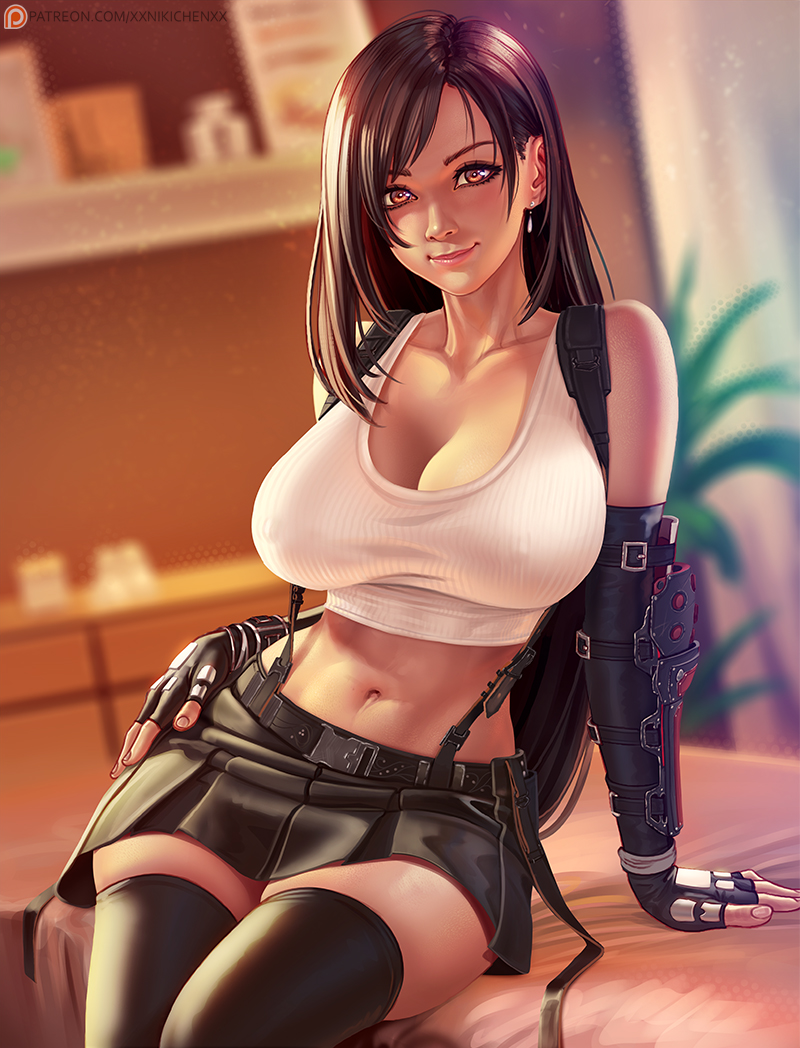 1girl arm_support bare_shoulders black_legwear breasts brown_eyes cleavage closed_mouth covered_nipples crop_top dangle_earrings earrings elbow_pads final_fantasy final_fantasy_vii final_fantasy_vii_remake fingerless_gloves gloves hand_on_hip jewelry large_breasts long_hair low-tied_long_hair navel nikita_varb shirt sitting skindentation skirt suspender_skirt suspenders tank_top taut_clothes taut_shirt thighhighs tifa_lockhart white_tank_top