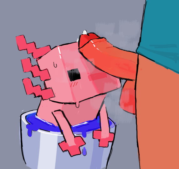 3_fingers ambiguous_gender amphibian axolotl axolotl_(minecraft) balls beady_eyes black_eyes blue_clothing blue_shirt blue_topwear blush blush_lines bodily_fluids bottomless bottomless_male bucket clothed clothing container duo external_gills feral fingers genital_fluids genitals gills grey_background human humanoid_genitalia humanoid_penis imminent_sex looking_at_genitalia looking_at_penis male male/ambiguous mammal microsoft minecraft mojang mole_salamander mostly_nude mouth_closed no_underwear partially_clothed partially_submerged paws penis penis_on_face pink_body pink_mouth pink_skin poker_face precum salamander_(amphibian) shirt shirt_only simple_background size_difference steam steve_(minecraft) sweat topwear topwear_only unseen_character video_games water worm_(artist) xbox_game_studios