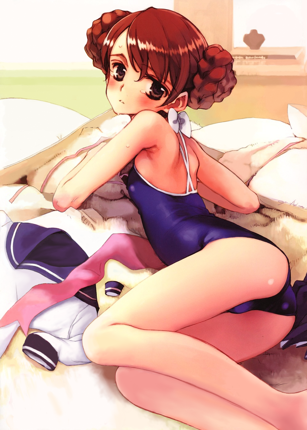 ass bare_legs blush braid breasts brown_eyes brown_hair character_request copyright_request double_bun highres legs long_legs lying on_side one-piece_swimsuit ooyari_ashito pillow school_swimsuit small_breasts solo swimsuit tears thighs