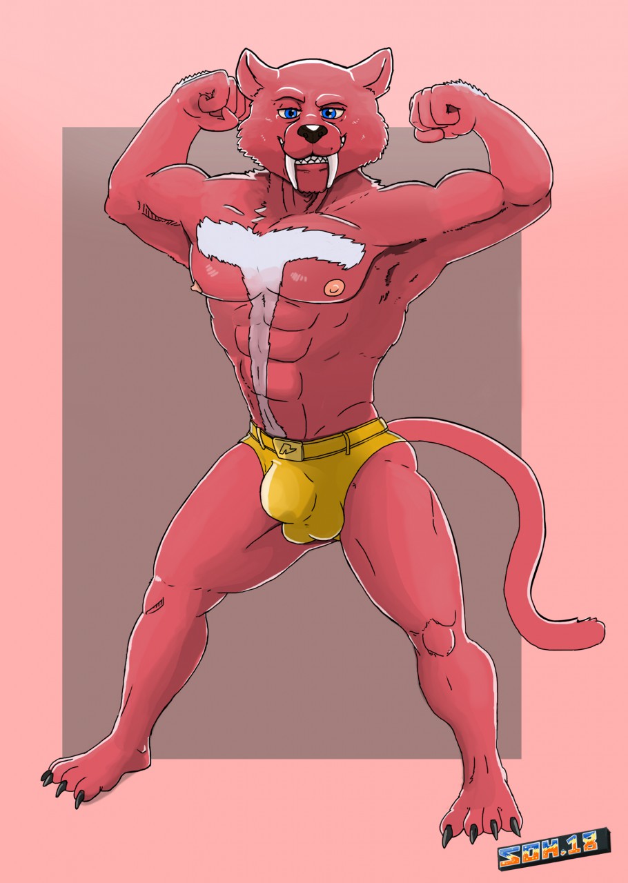 2018 4_toes 5_toes abs anthro belt biceps black_nose blue_eyes booster_(jingle_all_the_way) border brown_background bulge clothing fangs feet felid fist flexing fur grin hi_res jingle_all_the_way leg_muscles looking_at_viewer machairodontine male mammal muscular muscular_anthro muscular_male pecs pink_body pink_border pink_fur s-o-husky sabertooth_(anatomy) sabertoothed_cat signature simple_background smile solo speedo speedo_only standing swimwear thong thong_only toes twp_tone_fur underwear v-cut white_body white_fur yellow_belt yellow_clothing yellow_thong yellow_underwear