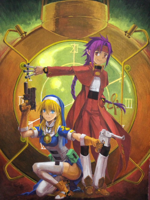 1boy 1girl ama2uma2 blonde_hair blue_dress blue_eyes boots braid brown_footwear brown_gloves capelet chrono chrono_crusade closed_mouth dress gloves gun habit hair_ornament hair_ribbon headband holding holding_gun holding_weapon nun one_knee painting_(medium) pointy_ears purple_hair red_capelet red_headband ribbon rosette_christopher standing traditional_media watercolor_(medium) weapon white_legwear yellow_ribbon