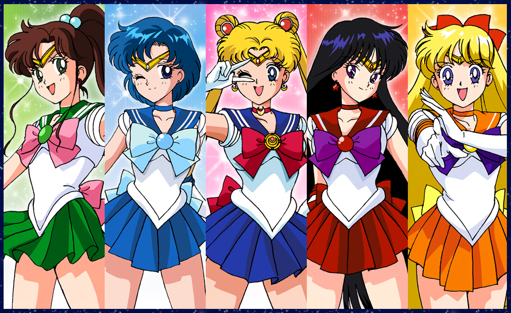 1990s_(style) 5girls aino_minako back_bow bangs bishoujo_senshi_sailor_moon black_eyes black_hair blonde_hair blue_eyes blue_hair blue_sailor_collar blue_skirt border bow brown_hair choker crescent crescent_earrings double_bun earrings elbow_gloves gloves green_eyes green_sailor_collar green_skirt hair_bobbles hair_bow hair_ornament high_ponytail hino_rei inner_senshi jewelry kino_makoto leotard lineup long_hair looking_at_viewer magical_girl miniskirt mizuno_ami multiple_girls official_art one_eye_closed open_mouth orange_sailor_collar orange_skirt pleated_skirt red_sailor_collar red_skirt retro_artstyle sailor_collar sailor_jupiter sailor_mars sailor_mercury sailor_moon sailor_senshi sailor_venus short_hair skirt smile star_(symbol) star_earrings stud_earrings tiara tomoe_hotaru tsukino_usagi twintails v v_over_eye very_long_hair