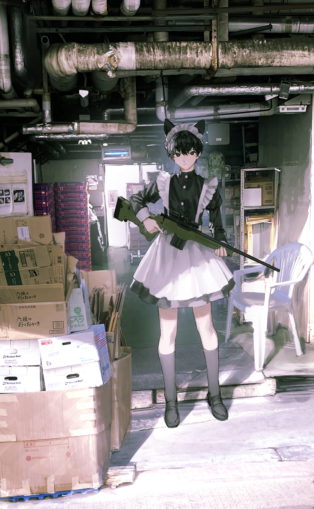 1boy animal_ears apron bangs black_eyes black_hair black_skirt box buttons cardboard_box cat_boy cat_ears chair crossdressing day dress expressionless fake_animal_ears frills full_body gun highres holding holding_gun holding_weapon ishida_(segu_ishida) kneehighs long_sleeves looking_at_viewer maid maid_apron maid_headdress male_focus original pipe pipes rifle shadow short_dress short_hair skirt socks solo standing thighhighs weapon weapon_request