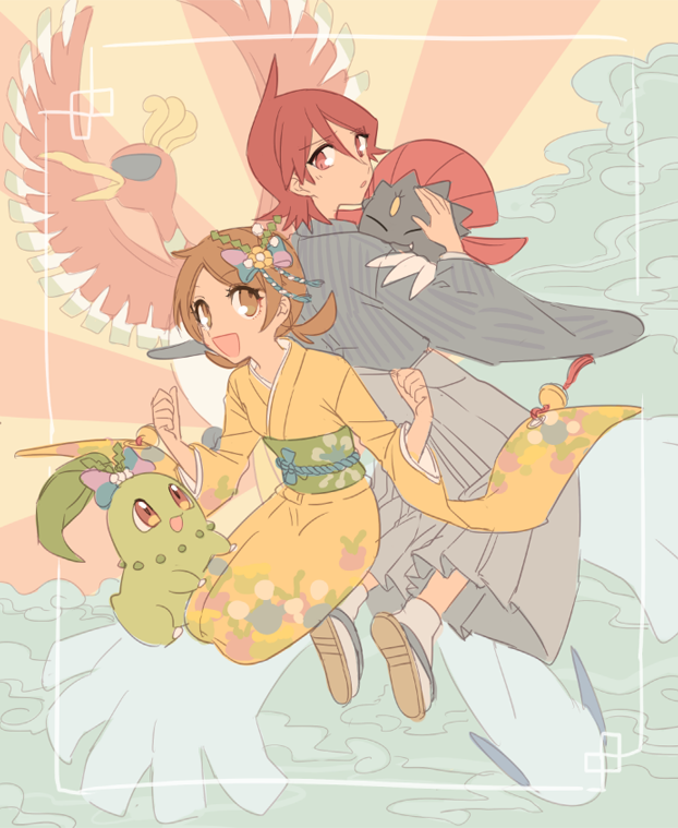 1boy 1girl :d alternate_costume bangs brown_eyes brown_hair chikorita clenched_hands commentary_request eyelashes framed grey_hakama hair_between_eyes hakama hands_up ho-oh holding holding_pokemon huan_li japanese_clothes kimono long_hair looking_back lugia lyra_(pokemon) pokemon pokemon_(creature) pokemon_(game) pokemon_hgss red_eyes red_hair sandals sash silver_(pokemon) smile socks twintails w_arms weavile wide_sleeves yellow_kimono