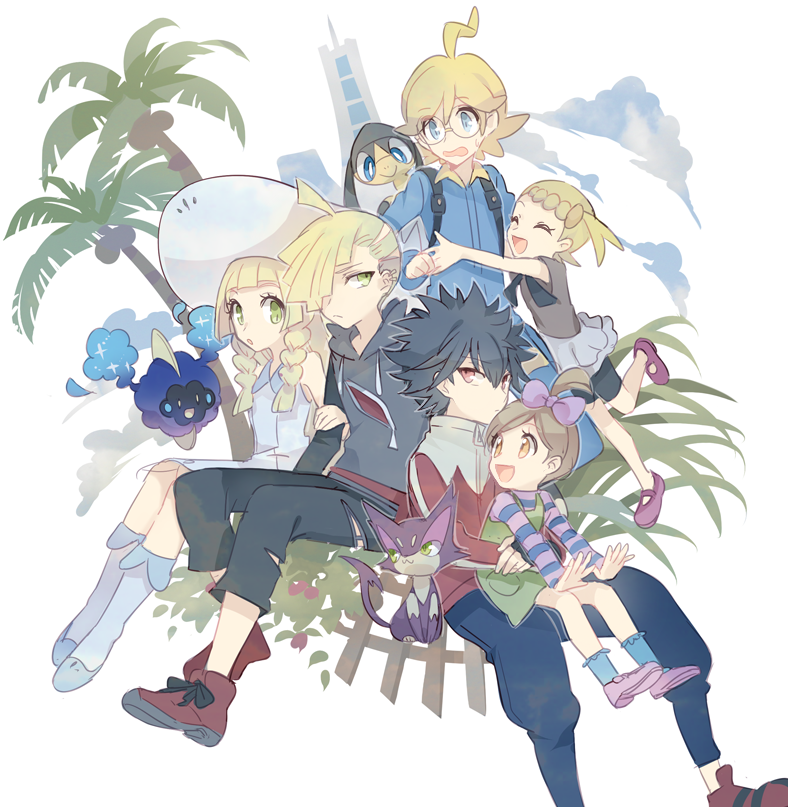 3boys 3girls ahoge arm_grab bangs bike_shorts black_hair blonde_hair blue_eyes blue_jumpsuit blue_legwear blunt_bangs bonnie_(pokemon) bow braid brother_and_sister brown_hair child clemont_(pokemon) closed_mouth collared_dress commentary_request cosmog dress fence gladion_(pokemon) glasses green_dress green_eyes hair_bow hair_over_one_eye hat helioptile hood hoodie huan_li hugh's_sister_(pokemon) hugh_(pokemon) jacket jumpsuit lillie_(pokemon) long_hair multiple_boys multiple_girls palm_tree pants pokemon pokemon_(creature) pokemon_(game) pokemon_bw2 pokemon_sm pokemon_xy purple_footwear purrloin red_footwear red_jacket see-through shirt shoes short_hair siblings sitting sleeveless sleeveless_dress socks spiked_hair striped striped_shirt sun_hat sundress torn_clothes torn_pants tree twin_braids white_dress white_headwear