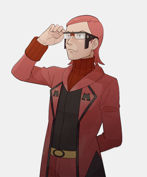 1boy adjusting_eyewear arm_behind_back black-framed_eyewear black_eyes black_shirt bodysuit closed_mouth coat commentary_request frown glasses hand_up jaho long_sleeves male_focus maxie_(pokemon) medium_hair open_clothes open_coat pokemon pokemon_(game) pokemon_oras red_bodysuit red_coat red_hair red_shorts ribbed_bodysuit shirt shorts solo team_magma