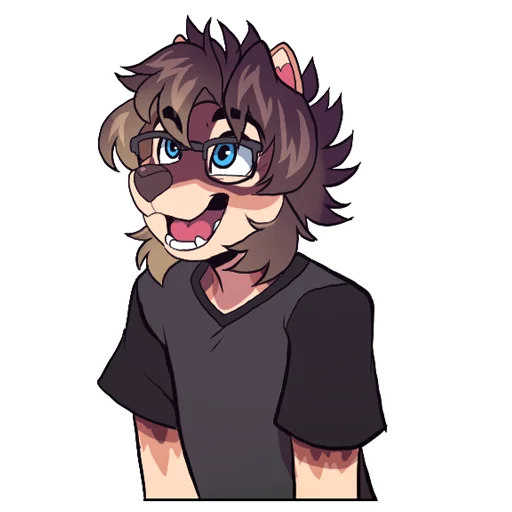 alpha_channel anthro blue_eyes brown_body brown_fur brown_hair canid canine canis clothed clothing domestic_dog eyewear fur glasses hair happy male mammal open_mouth open_smile roanoak shiba_inu shirt smile solo spitz telegram_stickers terry_(roanoak) topwear