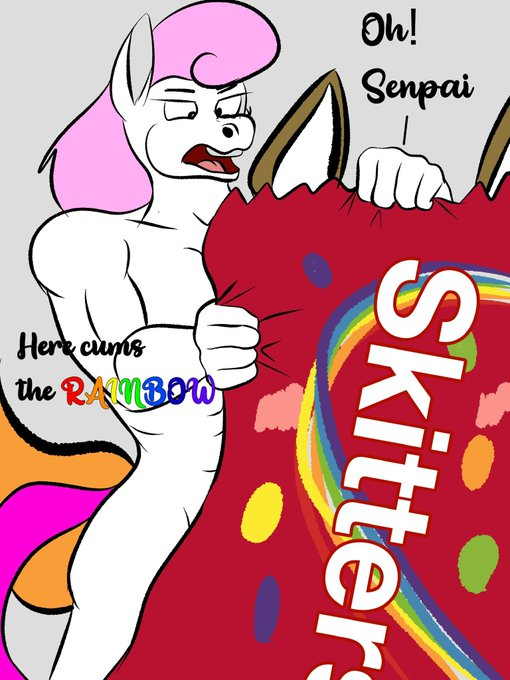 anthro candy dessert english_text equid equine food furry_ears hair horse idfox male mammal mars_incorporated pink_hair skittles_(candy) text white_body