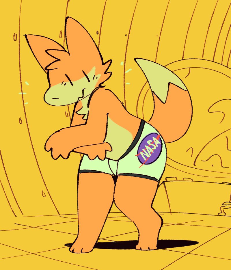 anthro blush canid canine chest_tuft clothed clothing dipstick_tail fox head_tuft leaning leaning_forward male mammal markings multicolored_body nasa orange_body planet shadow solo space squishy_(artist) tail_markings tobi_(squishy) tuft two_tone_body underwear underwear_only wavy_mouth yellow_body