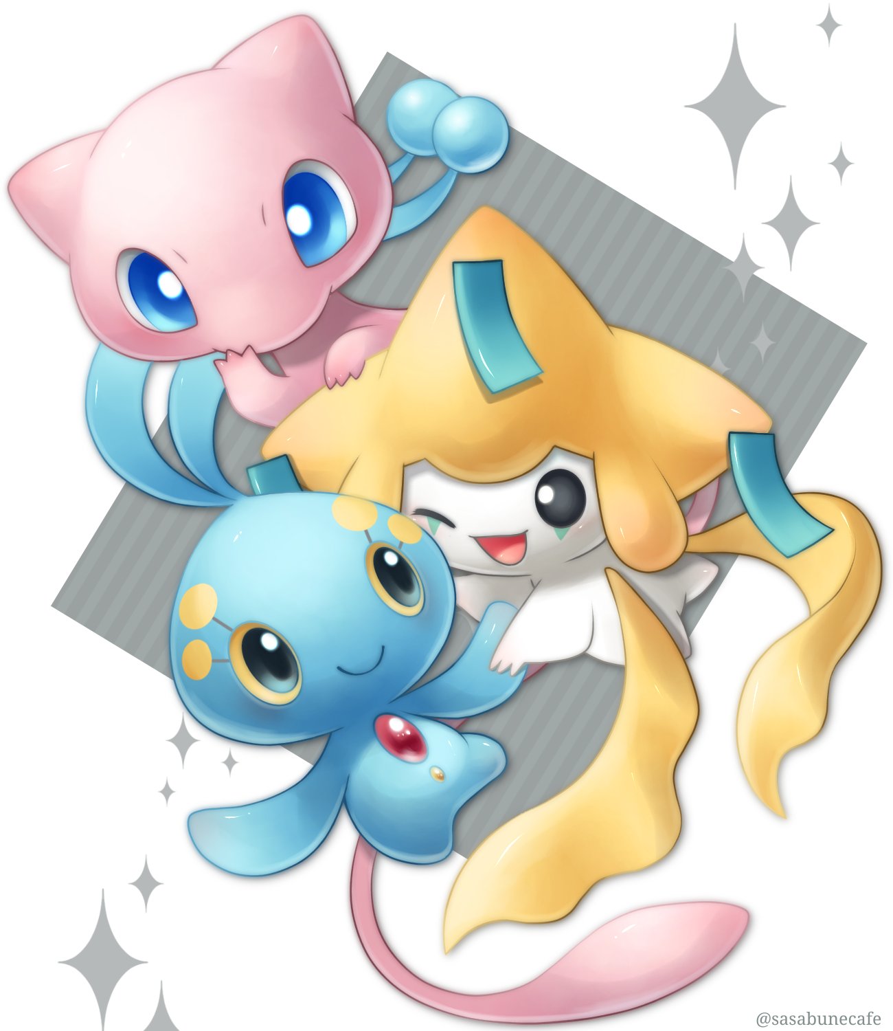 ;d blue_eyes bright_pupils closed_mouth happy highres jirachi manaphy mew no_humans one_eye_closed open_mouth pokemon pokemon_(creature) sasabunecafe smile sparkle symbol-only_commentary tongue twitter_username white_background