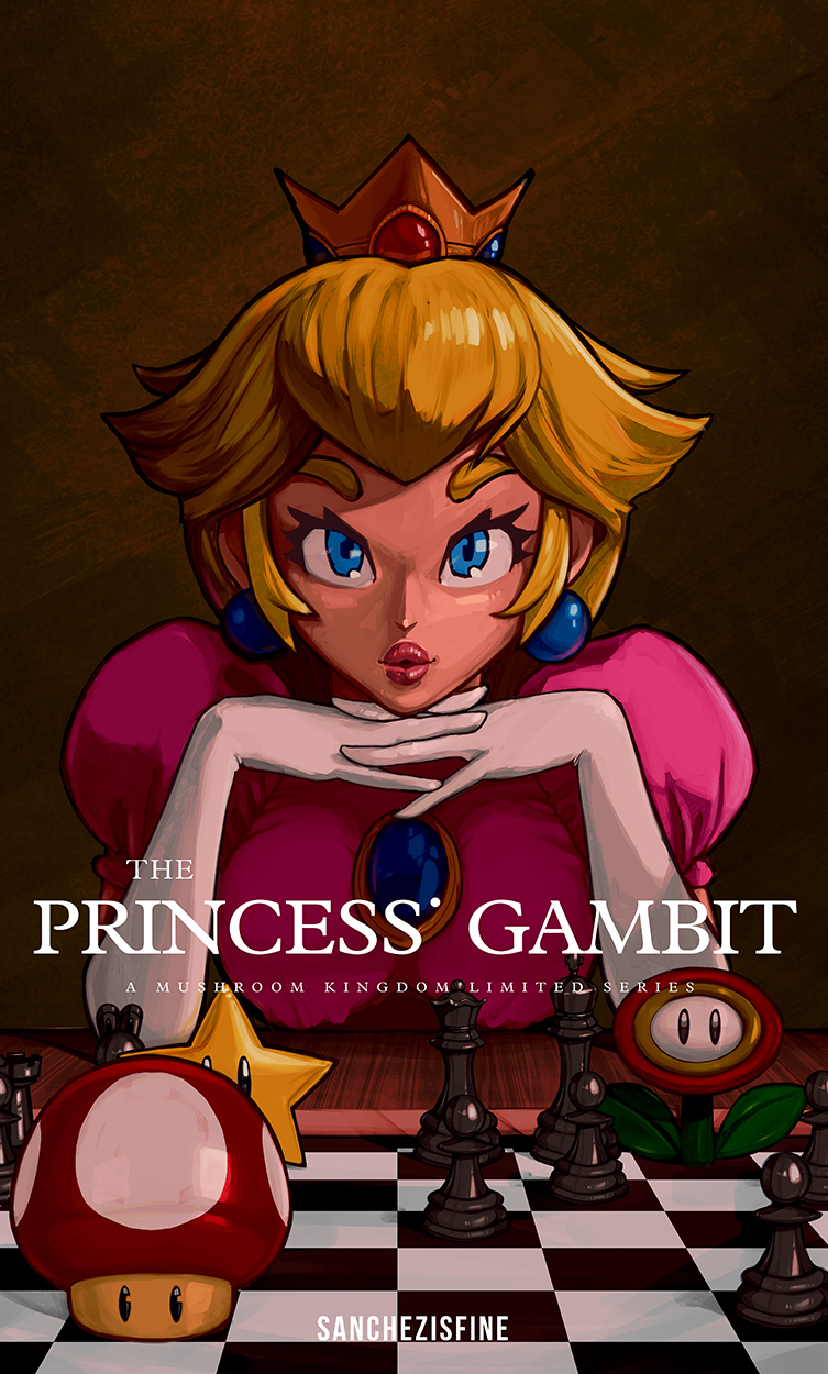 1girl 1up blue_hair brooch chess_piece chessboard crown dress earrings fire_flower gloves highres jewelry looking_at_viewer mario_(series) mini_crown parody parted_lips pearl_earrings pink_dress princess_peach sanchezisfine solo starman_(mario) the_queen's_gambit voice_actor_connection white_gloves