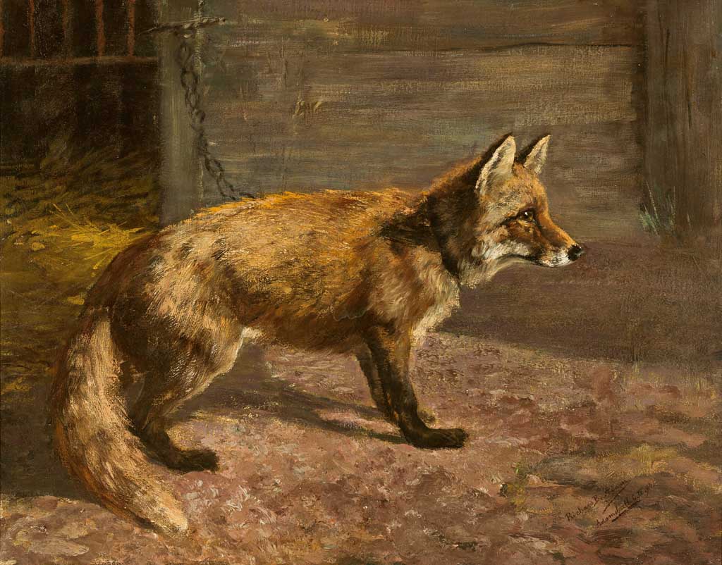 1894 19th_century ambiguous_gender ancient_furry_art black_nose brown_body brown_fur canid canine chain collar detailed_background digitigrade feral fox fur mammal nude oil_painting_(artwork) painting_(artwork) public_domain quadruped red_fox richard_benno_adam side_view signature solo standing traditional_media_(artwork)