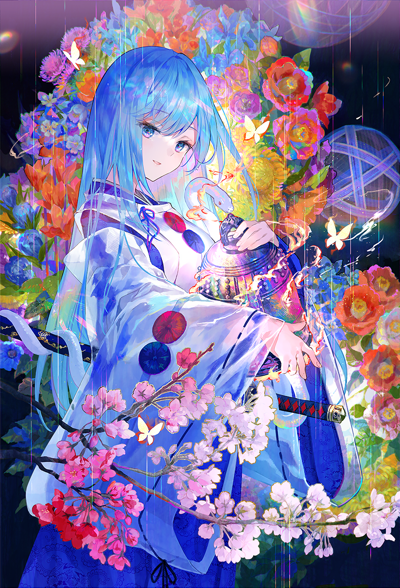 1girl animal ball bangs bell black_background blue_eyes blue_flower blue_hair blush bouquet branch breasts bug butterfly camellia cherry_blossoms chrysanthemum commentary_request emori_miku emori_miku_project eyebrows_visible_through_hair feet_out_of_frame fingernails fire floral_background flower from_side fuzichoco glowing_butterfly hair_between_eyes highres holding japanese_clothes kariginu katana kiyohime layered_sleeves long_hair long_sleeves looking_at_viewer looking_to_the_side medium_breasts orange_flower orb outstretched_arm parted_lips pink_flower purple_flower rain red_flower ribbon-trimmed_sleeves ribbon_trim see-through_sleeves sheath sheathed smile smoke snake solo standing straight_hair sword temari_ball very_long_hair weapon white_flower white_snake wide_sleeves