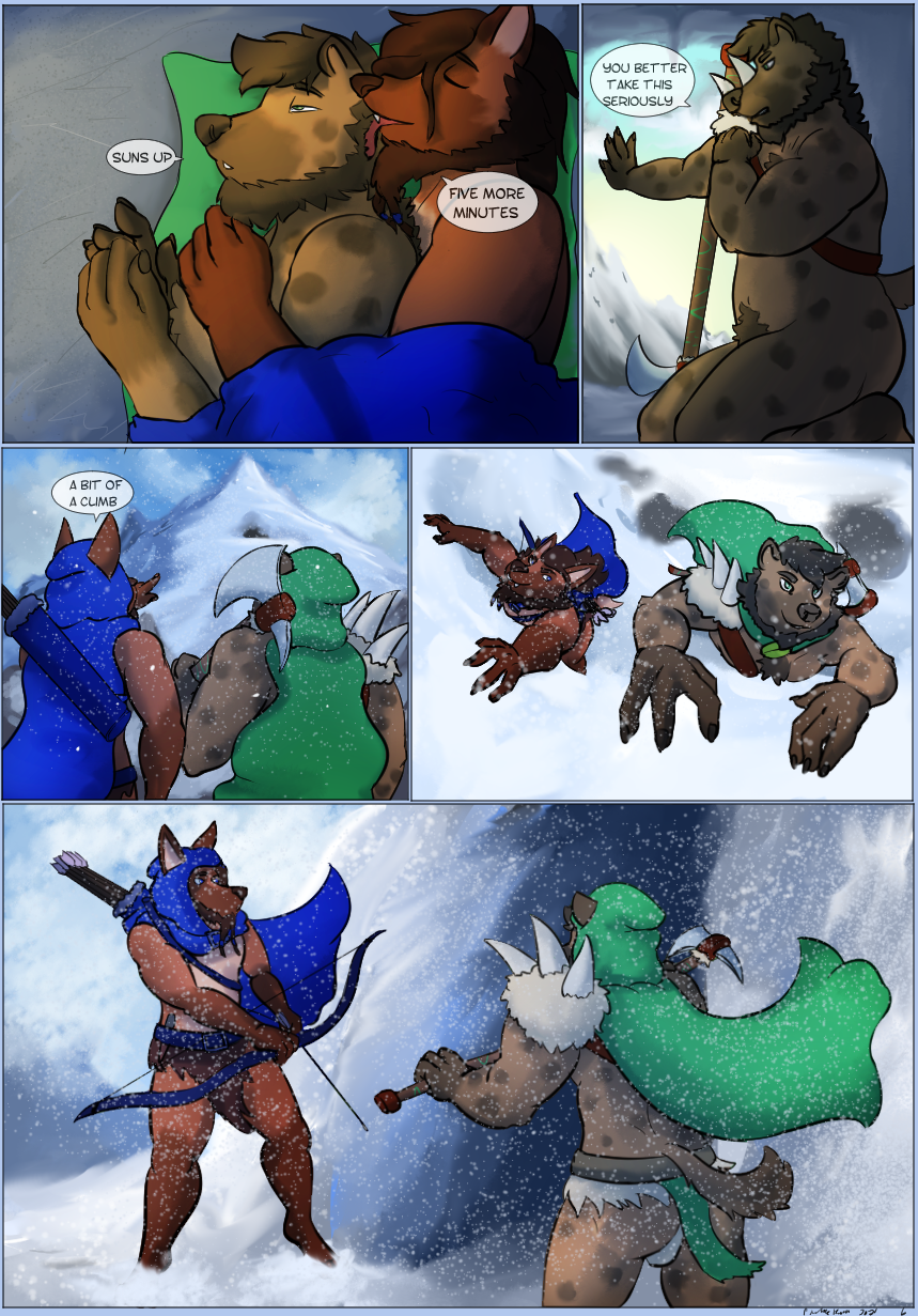 anthro arrow axe bow canid canine climbing cloak clothing comic cuddling duo hi_res hyaenid male male/male mammal maned_wolf melee_weapon mountain nude pickles-hyena snow spotted_hyena weapon