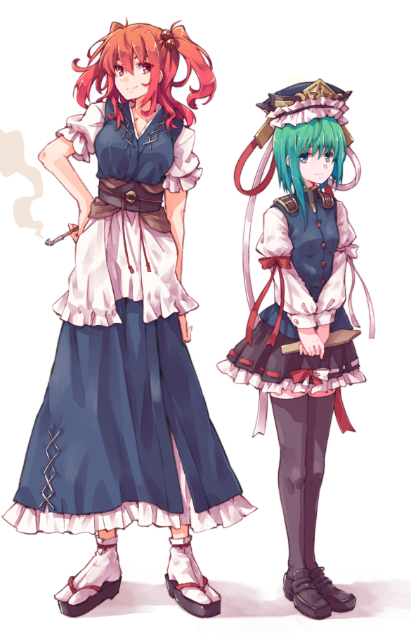 2girls arm_at_side arm_garter asymmetrical_hair bangs black_footwear black_legwear black_skirt blue_eyes blue_kimono blue_vest blush blush_stickers bow breasts brown_sash coin_on_string commentary_request dot_nose epaulettes eyebrows_visible_through_hair eyelashes feet_out_of_frame frilled_skirt frilled_sleeves frills full_body gold_trim green_hair hand_on_hip happy height_difference holding_own_arm japanese_clothes kimono kiseru kitsune_maru large_breasts loafers long_sleeves multiple_girls obi onozuka_komachi pipe puffy_short_sleeves puffy_sleeves red_bow red_button red_ribbon ribbon ribbon-trimmed_skirt ribbon_trim rod_of_remorse sandals sash shiki_eiki shirt shoes short_kimono short_sleeves sidelocks simple_background skirt small_breasts smile smoke socks standing sunlight thighhighs touhou twintails vest white_background white_bow white_legwear white_ribbon white_shirt white_sleeves wide_sleeves