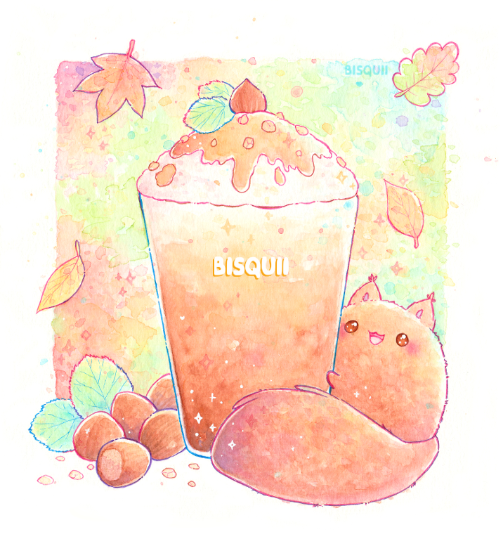 :3 :d animal animal_focus artist_name autumn bisquii chibi commentary drink food_focus hazelnut hug leaf mint no_humans open_mouth original painting_(medium) simple_background smile solo sparkle sparkling_eyes squirrel traditional_media watercolor_(medium) white_background