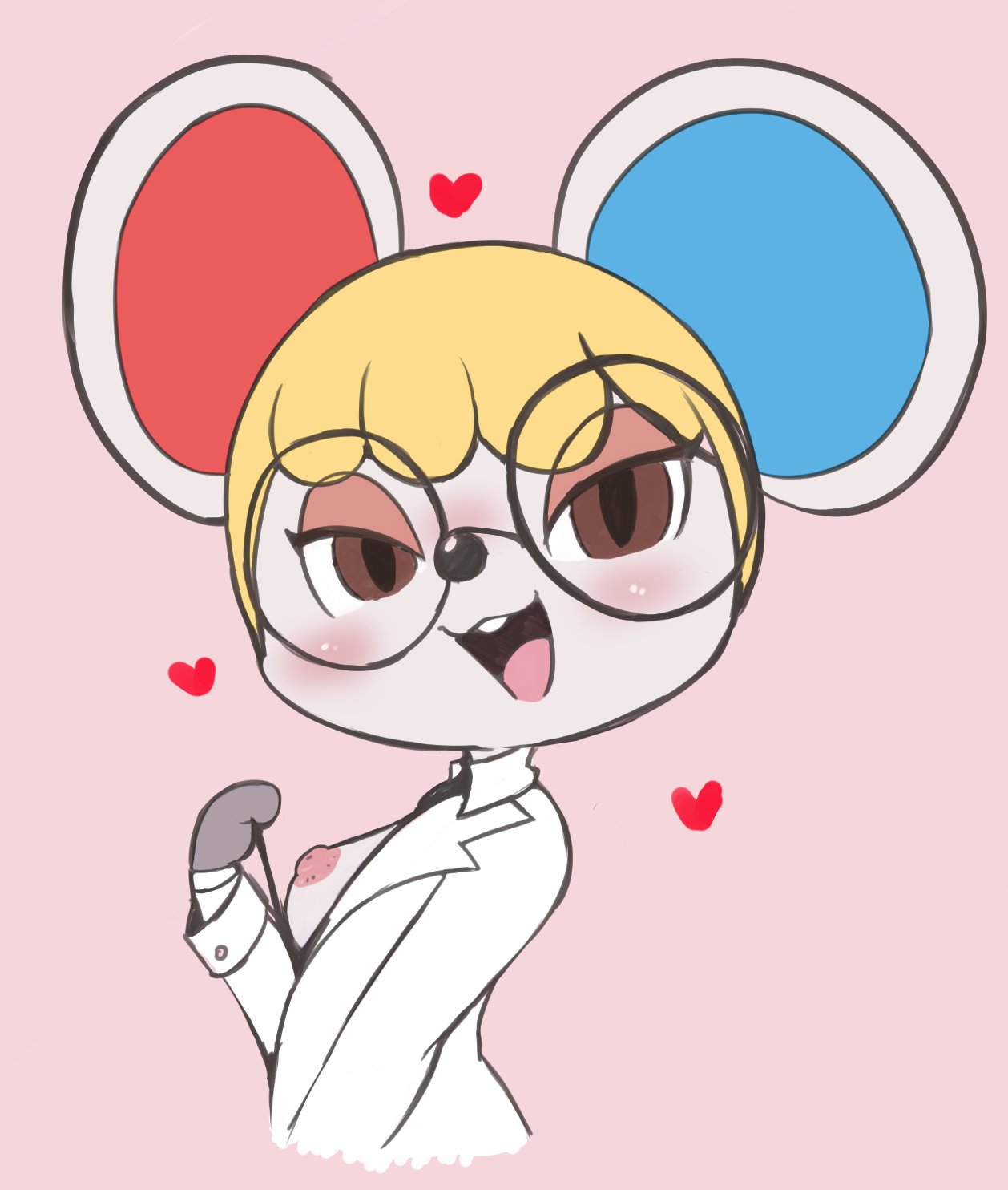 &lt;3 animal_crossing anthro blue_inner_ear blush breasts clothing coat eyewear female glasses half-length_portrait hi_res lab_coat looking_at_viewer mammal mouse murid murine nintendo nipples open_mouth petri_(animal_crossing) portrait red_inner_ear rodent solo topwear video_games vono