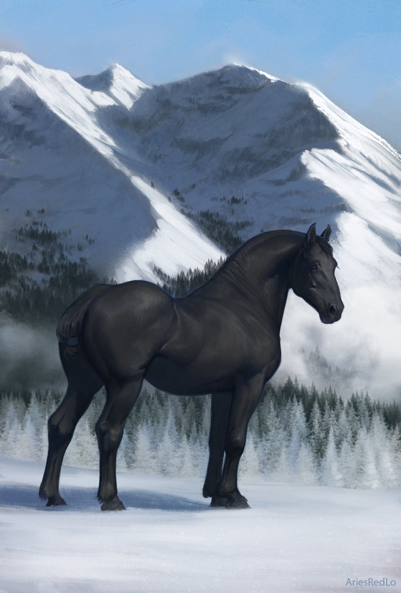 2021 amazing_background ambiguous_gender ariesredlo artist_name black_body black_fur day detailed detailed_background digital_media_(artwork) digital_painting_(artwork) equid equine feral forest fur hi_res hooves horse looking_at_viewer mammal mountain outside plant pose quadruped realistic sky snow solo text tree