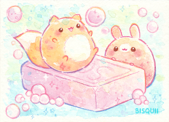 :3 :d animal animal_focus artist_name bisquii bubble bunny chibi commentary fox legs_up no_humans open_mouth original painting_(medium) playing sitting smile sparkle traditional_media watercolor_(medium)