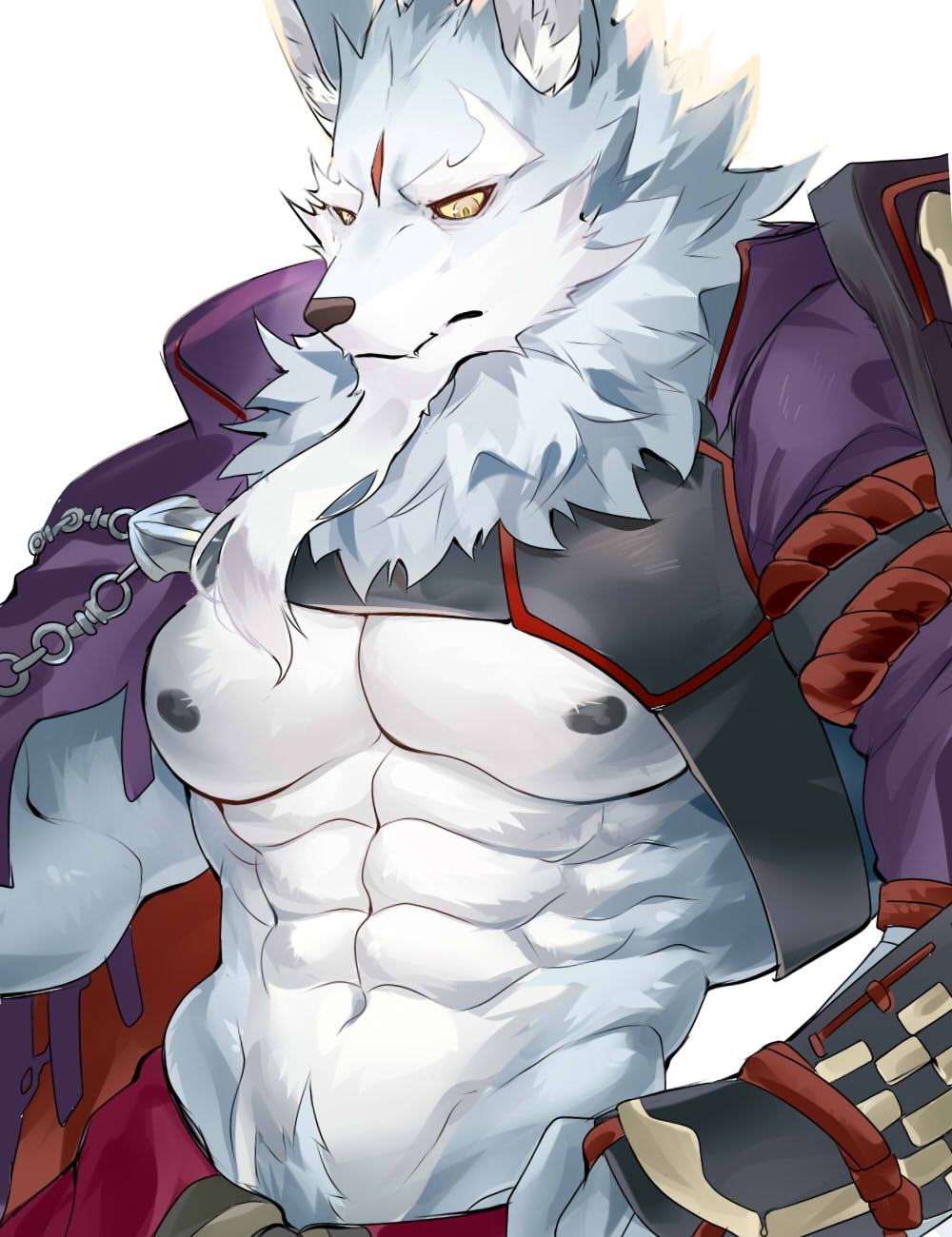 1boy abs animal_ear_fluff animal_ears ao_(chung0u0) bara bare_pectorals beard facial_hair facial_mark forehead_mark furry furry_male grey_fur highres igote japanese_clothes large_pectorals law_(sdorica) long_beard male_focus mature_male muscular muscular_male navel navel_hair nipples open_clothes open_shirt pectorals red_rope reward_available rope sdorica short_hair solo stomach thick_eyebrows underpec upper_body wolf_boy wolf_ears