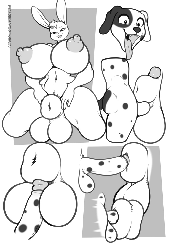 2021 animal_genitalia anthro anthro_on_anthro anthro_penetrated anthro_penetrating anthro_penetrating_anthro areola balls big_balls big_breasts breasts buckteeth canid canine canis comic dalmatian digital_media_(artwork) domestic_dog duo freckles_(artist) fully_sheathed genitals gynomorph gynomorph/male gynomorph_penetrated huge_breasts humanoid_genitalia humanoid_penis intersex intersex/male intersex_penetrated lagomorph leporid lunares_(freckles) male male_penetrating male_penetrating_gynomorph male_penetrating_intersex mammal monochrome nipples open_mouth penetration penis porn_bunny rabbit sheath sheath_penetration sheath_play teeth text tongue tongue_out url