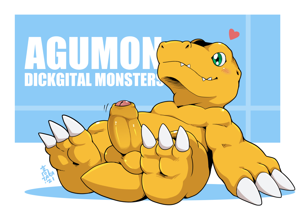 agumon anthro balls bandai_namco blush claws digimon digimon_(species) erection foreskin genitals green_eyes male penis solo takataka