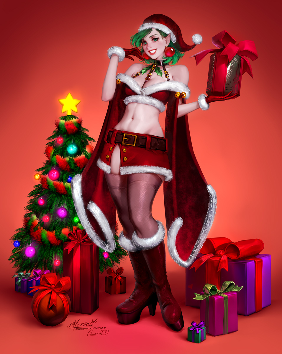 boots breasts christmas christmas_clothing christmas_headwear christmas_tree cleavage clothed clothing elf female footwear gift gloves handwear hat headgear headwear hi_res holding_gift holding_object holidays humanoid humanoid_pointy_ears legwear lerapi looking_at_viewer not_furry plant santa_hat solo thigh_highs tree