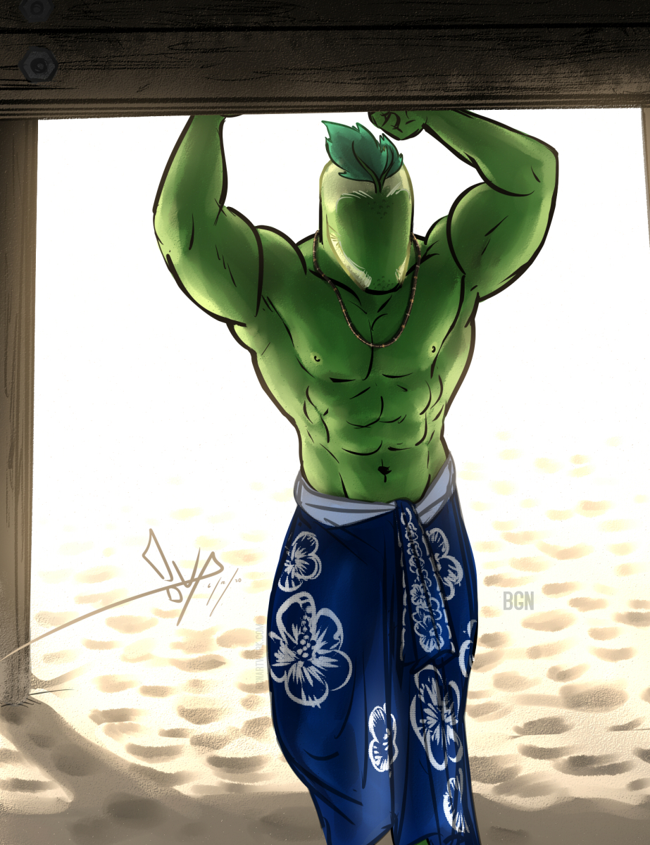 2020 abs anthro bgn biceps clothed clothing dated elemental_creature flora_fauna food food_creature fruit hi_res jewelry keyth_(bgn) leaning lime living_fruit male muscular muscular_anthro muscular_male navel necklace plant sand sarong signature solo standing topless