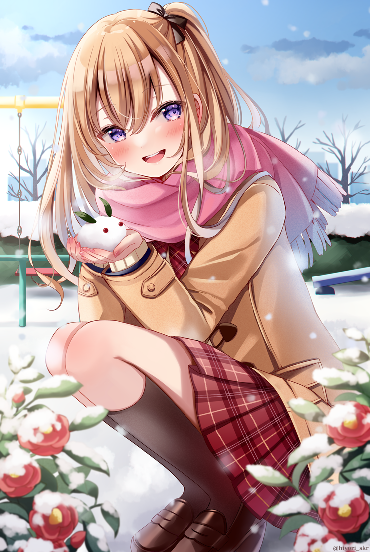 1girl :d bangs black_ribbon blonde_hair blue_sky blush brown_footwear brown_jacket brown_legwear commentary_request flower hair_ribbon hands_up holding jacket long_hair long_sleeves looking_at_viewer open_mouth original outdoors pink_scarf plaid plaid_skirt pleated_skirt purple_eyes red_flower red_skirt ribbon sakura_hiyori scarf school_uniform shoes side_ponytail skirt sky smile snow socks solo squatting swing_set tree