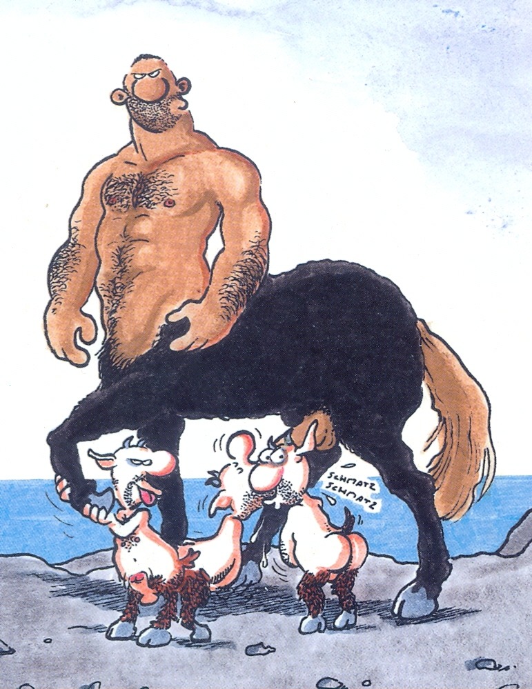 anthro balls body_hair butt centaur chest_hair equid equid_taur erection eyes_closed fellatio genitals german_text group humanoid_taur looking_at_viewer male male/male mammal mammal_taur nipples nude oral penile penis presenting presenting_hindquarters ralf_koenig rock satyr sea sex size_difference sky taur text tongue tongue_out water