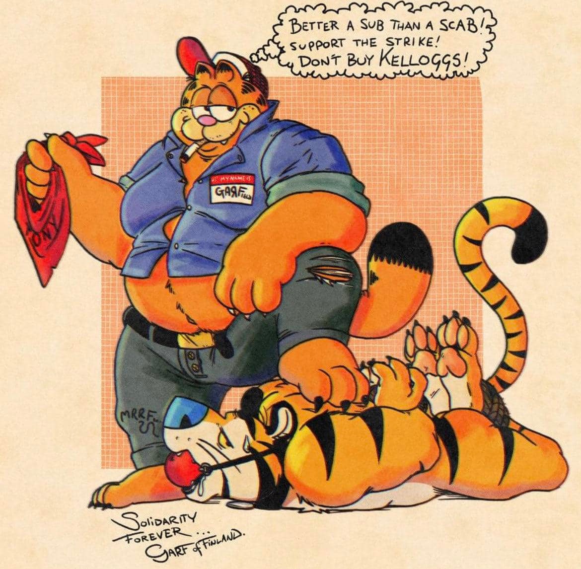 anthro ball_gag bdsm bodily_fluids bound clothing domestic_cat duo english_text felid feline felis frosted_flakes gag garf_of_finland garfield_(series) garfield_the_cat kellogg's male male/male mammal mascot muscular nude pantherine slightly_chubby sweat text tiger tony_the_tiger