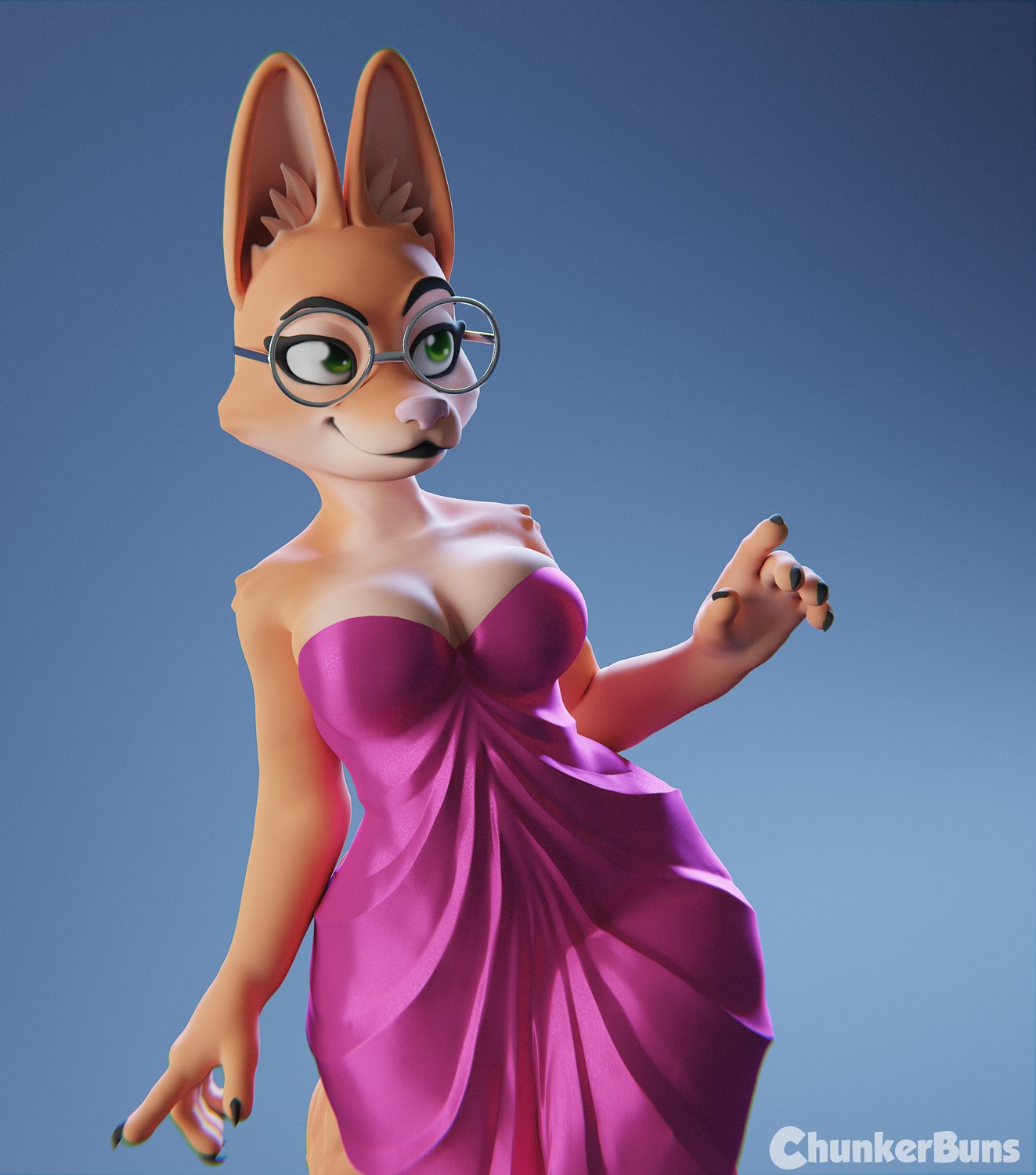 2021 5_fingers anthro blue_background breasts canid canine chunkerbuns cleavage clothed clothing diane_foxington dreamworks eyewear female fingers fox fur glasses gradient_background hi_res mammal simple_background smile solo the_bad_guys