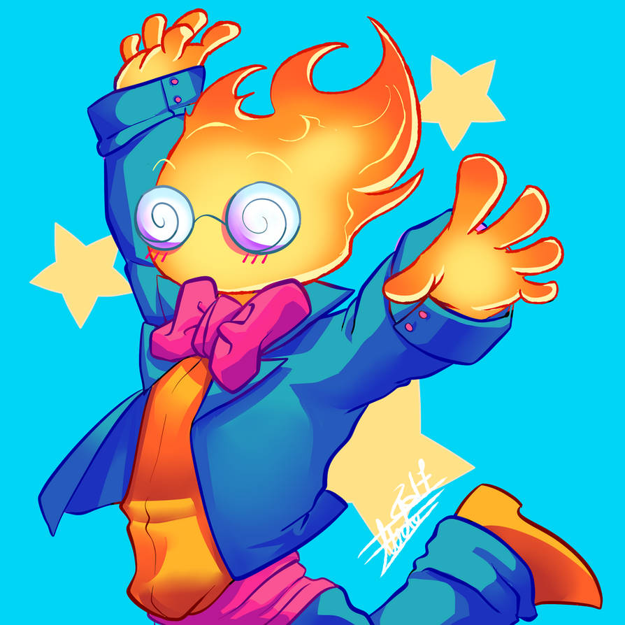 alternate_universe aude-javel blue_background blush bow bow_accessory clothing_bow elemental_creature elemental_humanoid eyewear fire fire_creature fire_humanoid glasses grillby grillby_(underswap) hands_above_head humanoid pink_bow round_glasses signature simple_background solo spiral_glasses star underswap undertale undertale_(series) video_games