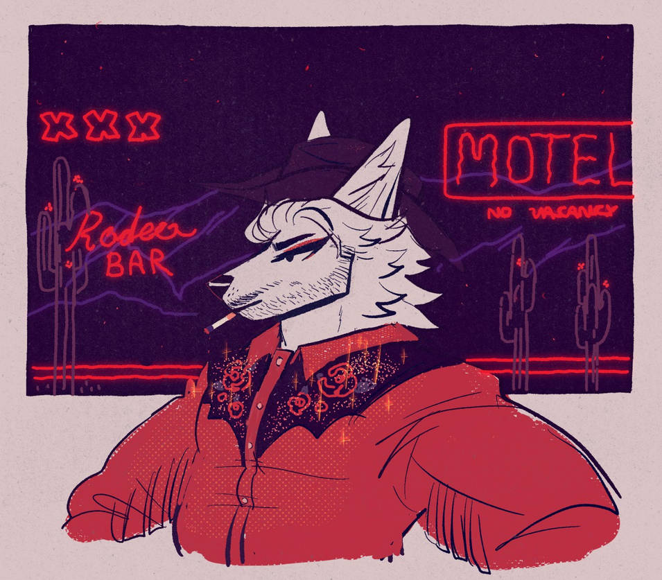 anthro canid canine canis cigarette clothed clothing cowboy_hat cowboy_outfit coyote desertmotels facial_hair hair hat headgear headwear light male mammal musclegut neon_lights smoking solo tex_(desertmotels)