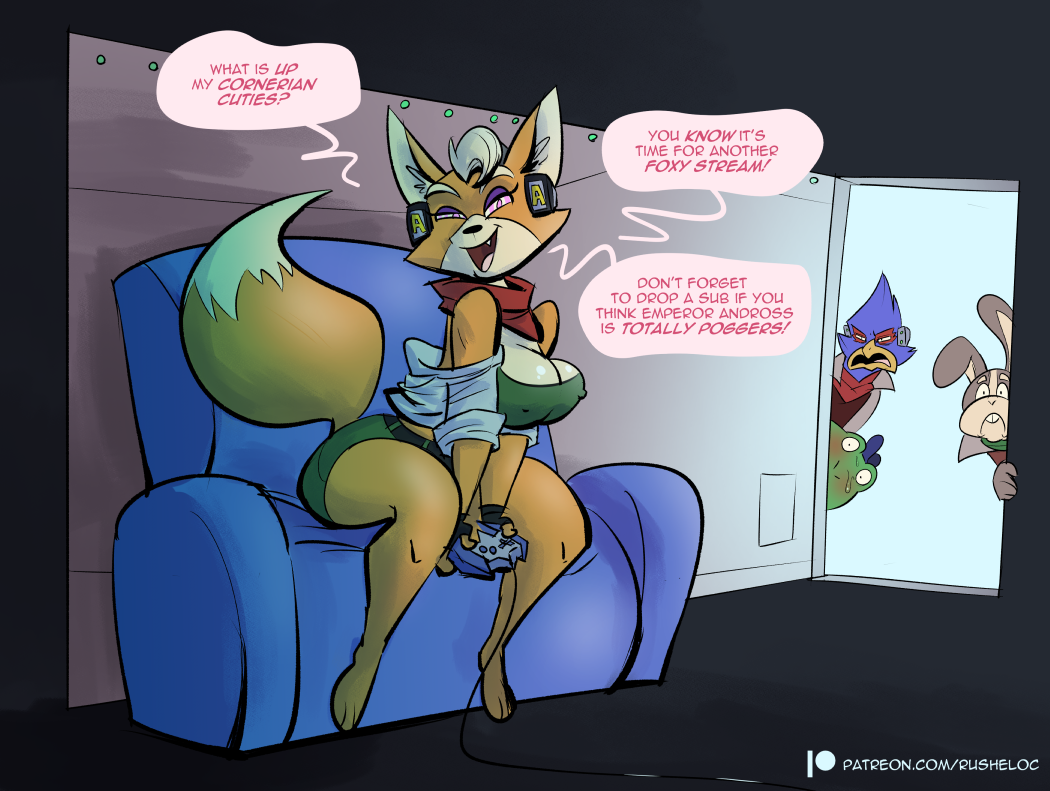 anthro bedroom_eyes big_breasts blush bodily_fluids breasts canid canine cleavage clothed clothing controller crossgender dialogue disgust english_text falco_lombardi female fox fox_mccloud furniture game_controller group looking_at_viewer male mammal narrowed_eyes nintendo nipple_outline peppy_hare rusheloc seductive slippy_toad sofa solo_focus speech_bubble star_fox streamer streaming sweat talking_to_viewer text thick_thighs video_games