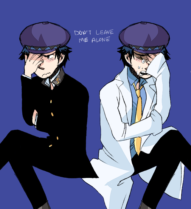 2girls bad_id bad_tumblr_id beret black_pants blue_background blue_hair blue_headwear blue_shirt brogeoisie dark_persona english_text hand_over_face hat labcoat looking_away mirror_image multiple_girls necktie pants persona persona_4 sad school_uniform shadow_(persona) shadow_naoto shirogane_naoto shirt sobbing yasogami_school_uniform yellow_eyes yellow_necktie