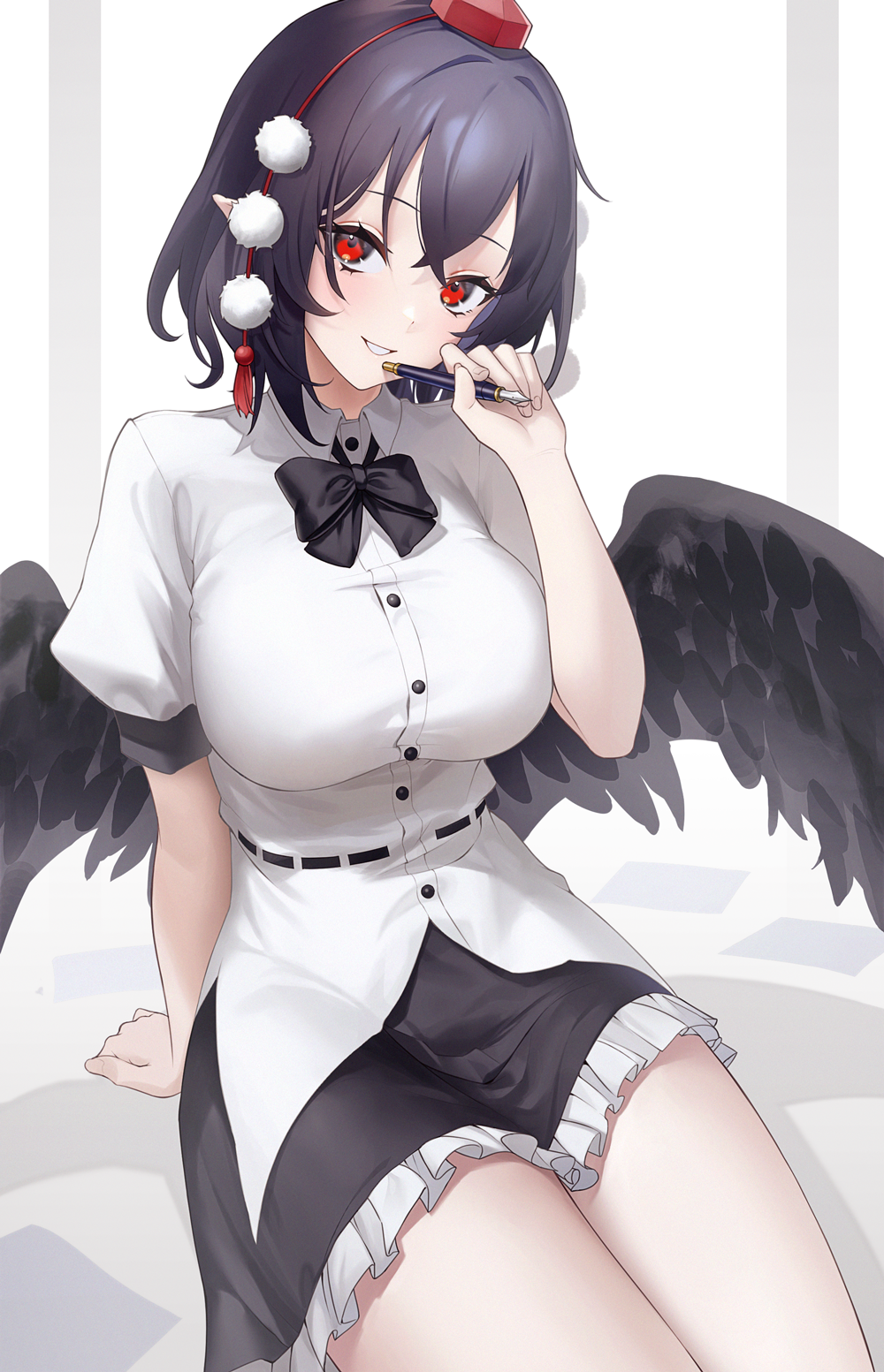 1girl black_bow black_bowtie black_hair black_skirt bow bowtie breasts buttons collared_shirt hat highres holding large_breasts looking_at_viewer miniskirt pen pointy_ears pom_pom_(clothes) red_eyes red_headwear shameimaru_aya shirt short_sleeves sitting skirt smile solo tokin_hat touhou white_background white_shirt wing_collar yaye