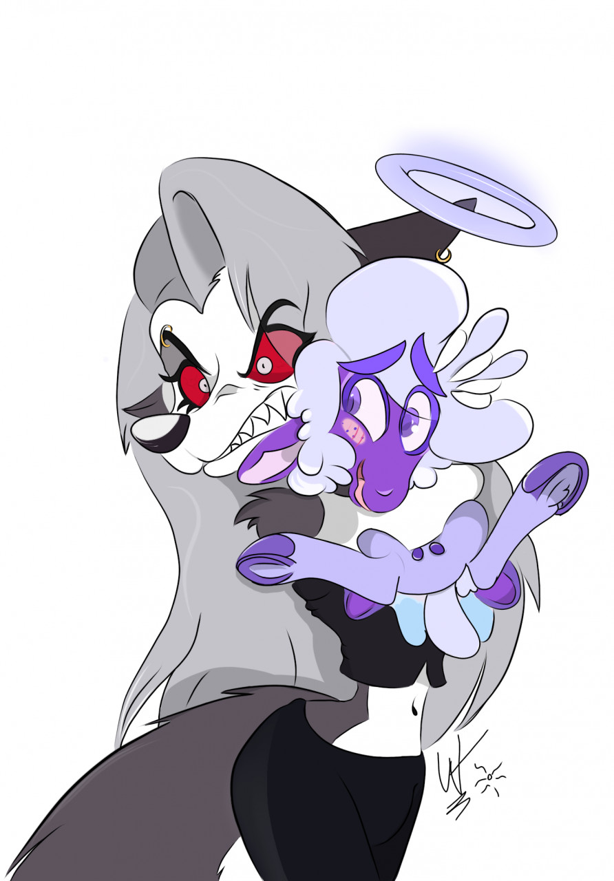 angel angry anthro anthro_on_anthro blush bottomwear bovid canid canid_demon caprine clothed clothing collin_(helluva_boss) colored defensive demon duo embrace eyebrows female fluffy fluffy_hair fluffy_tail fur grey_body grey_fur grey_hair hair halo hellhound helluva_boss hi_res hooves hug humanoid long_hair loona_(helluva_boss) male male/female mammal midriff multicolored_body multicolored_fur nervous_smile open_mouth open_smile purple_body purple_fur purple_hair red_eyes romantic romantic_couple sharp_teeth sheep skirt smile spread_legs spreading teeth thick_eyebrows two_tone_body two_tone_fur wastedtimeee werewolferos white_body white_fur worried_look