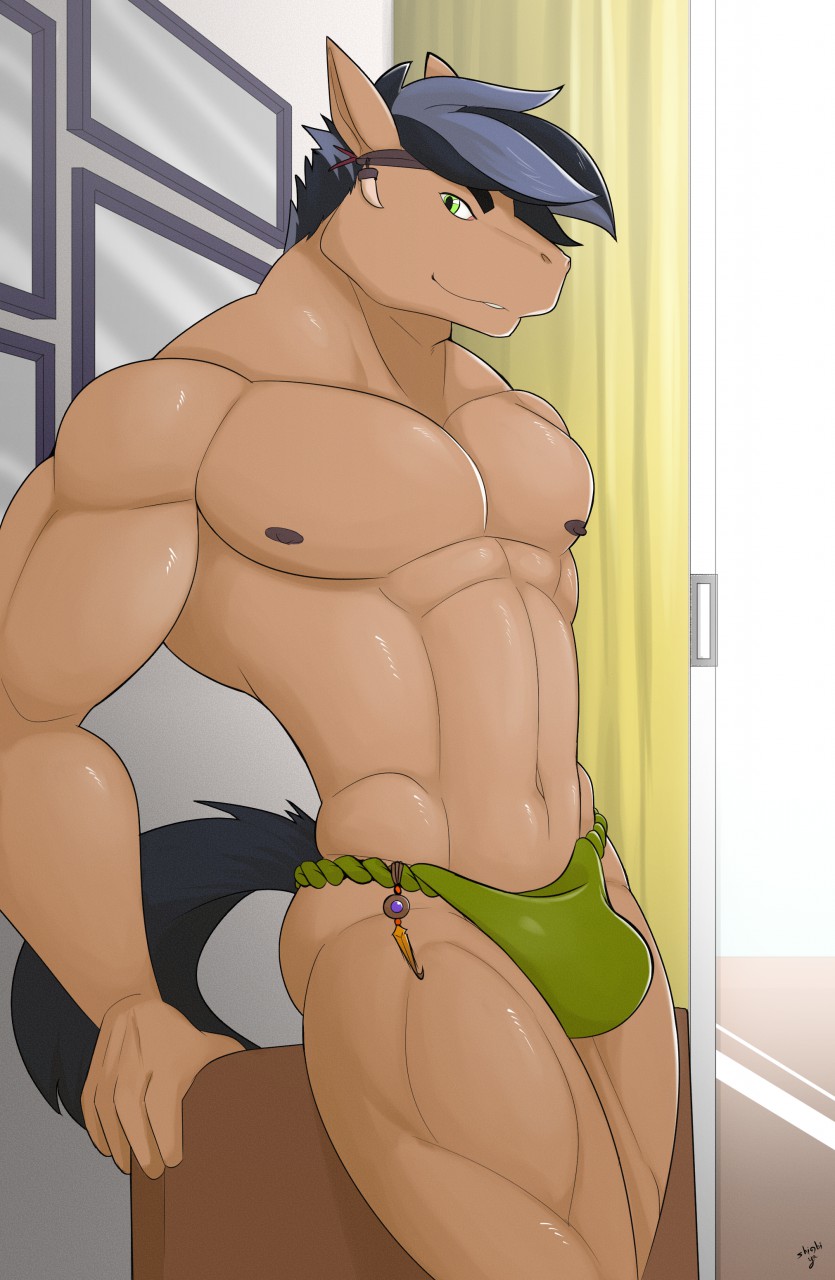 clothing equid equine green_clothing green_underwear hi_res horse male mammal muscular nipples pony shinobiya solo tida underwear