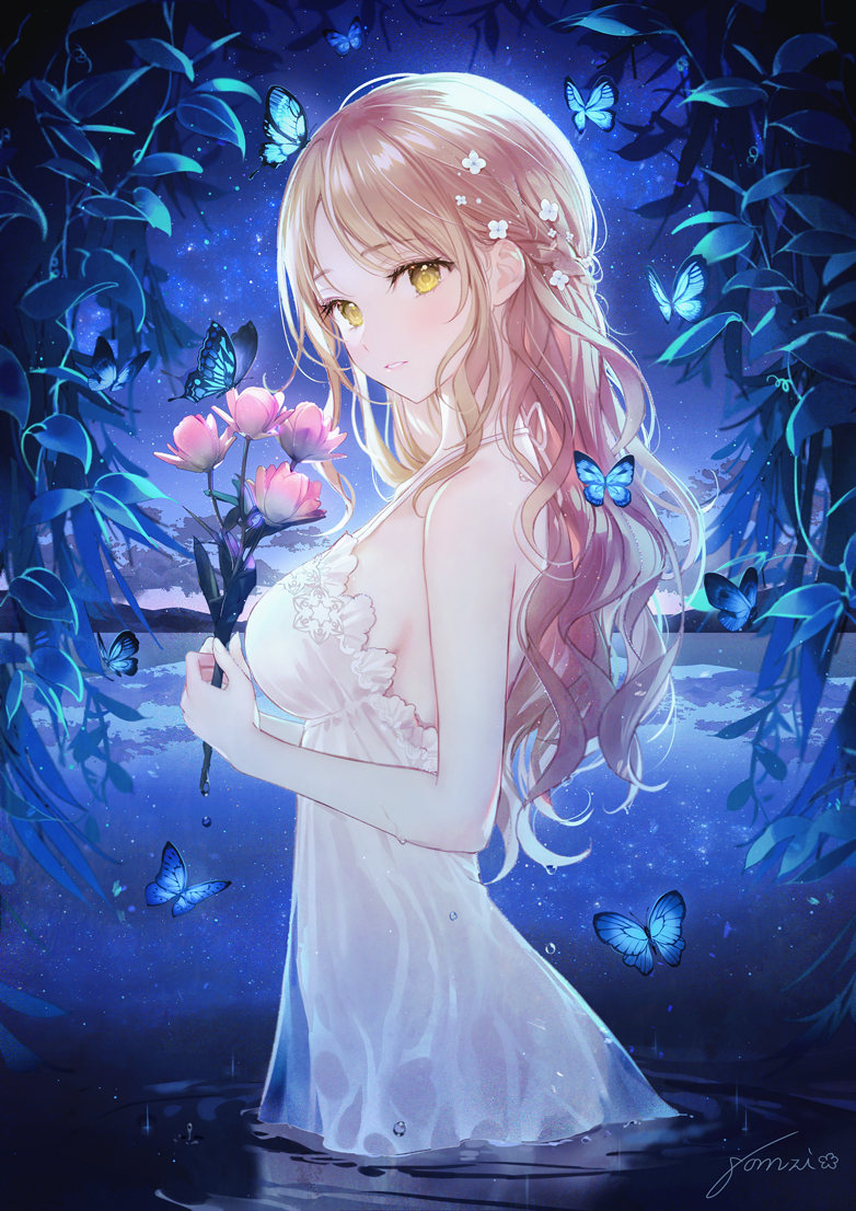 1girl artist_name bare_arms bare_shoulders blonde_hair blue_butterfly braid breasts bug butterfly commentary_request eyebrows_visible_through_hair flower french_braid gomzi hair_flower hair_ornament halterneck holding holding_flower horizon in_water lake long_hair looking_at_viewer looking_back looking_to_the_side medium_breasts night night_sky nightgown original partially_submerged reflection ripples signature sky smile solo star_(sky) turning_head very_long_hair water wavy_hair wet white_flower yellow_eyes